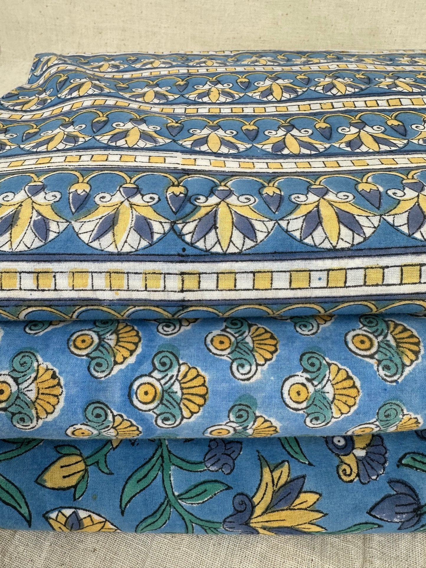 Blue Floral Stripe Block Print Cotton