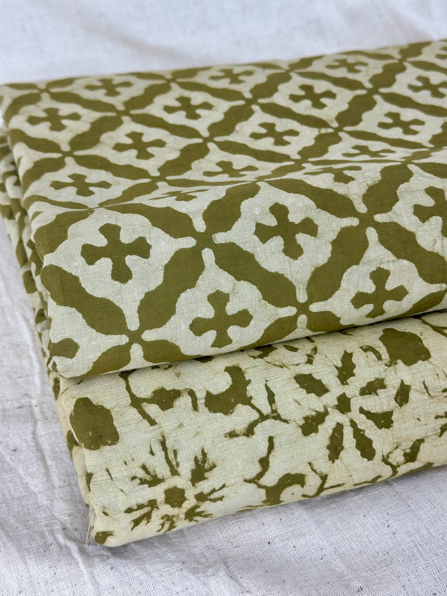 Cream & Olive Floral Dabu Block Print Cotton