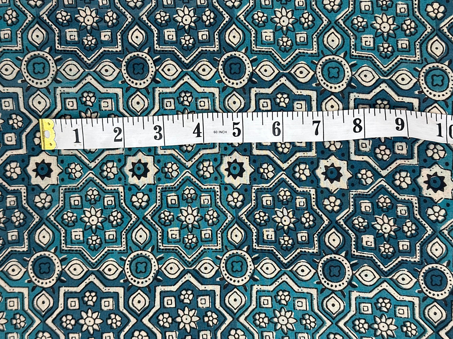 Teal Geometric Resist Block Print Cotton