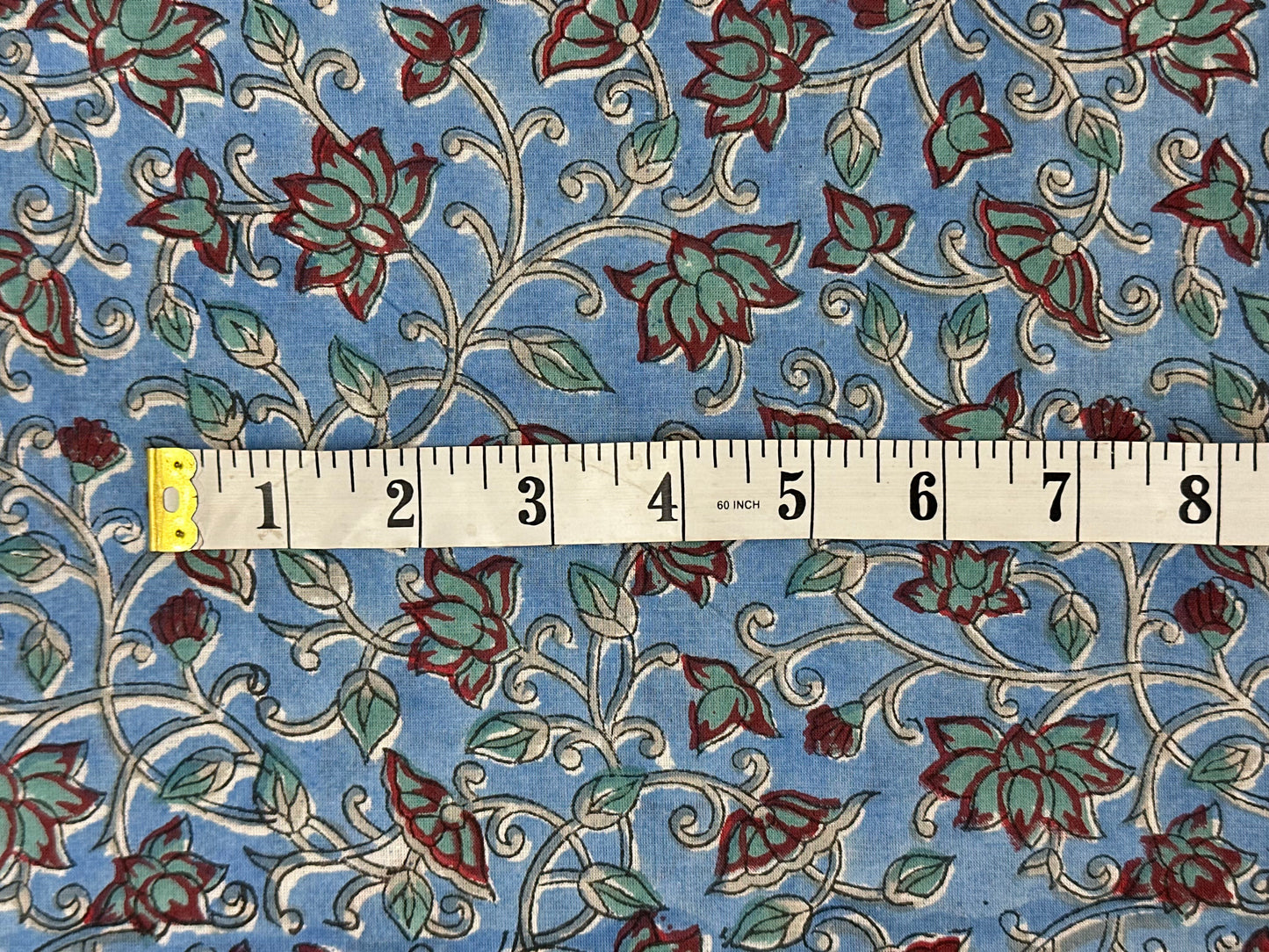 Cornflower Blue Floral Vine Block Print Cotton