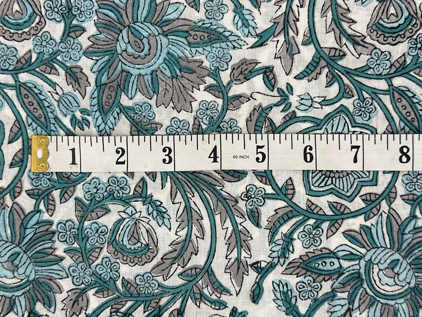 White Ground Teal & Grey Floral Vine Block Print Cotton