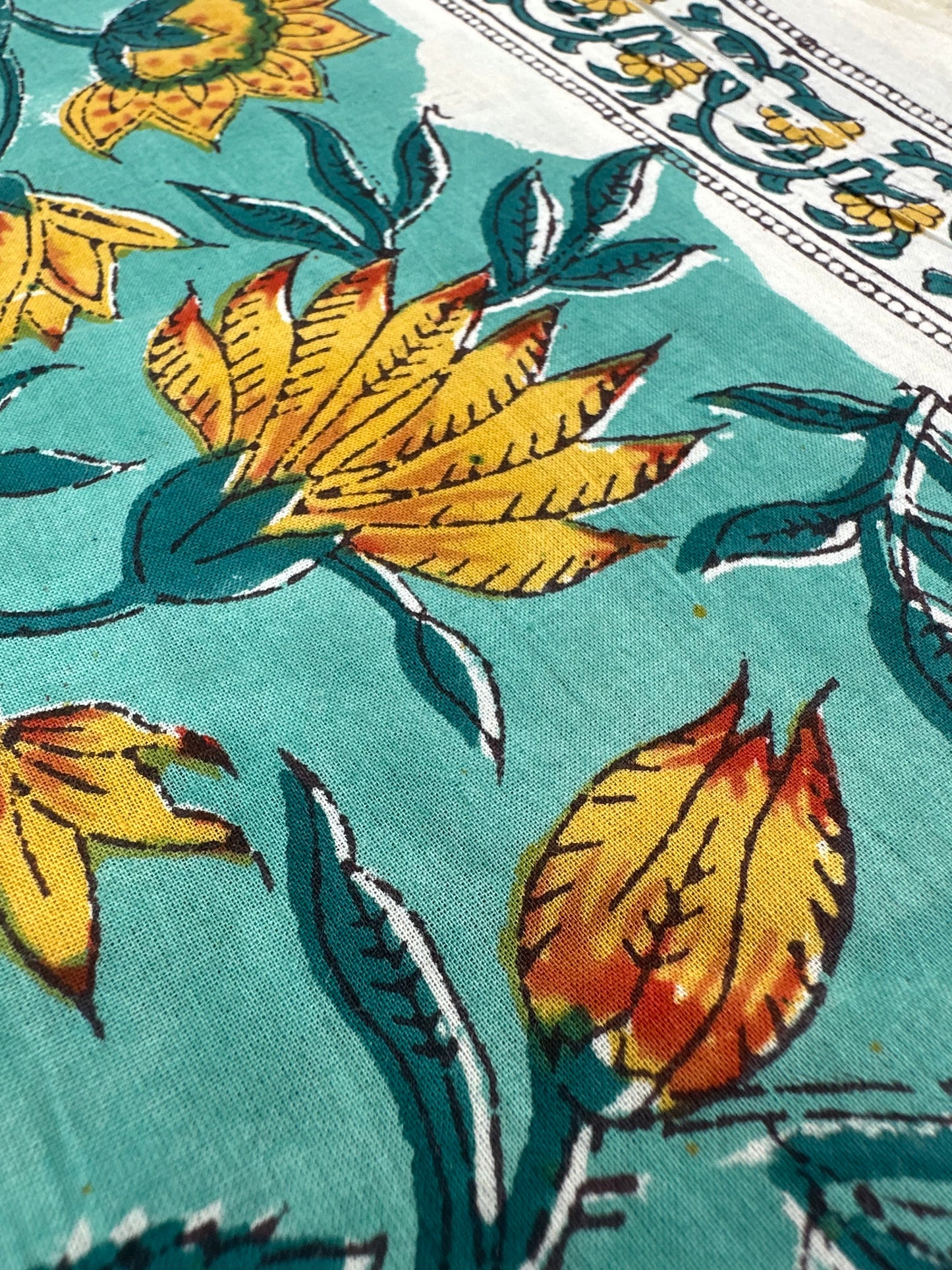 Turquoise Sunflower Floral Block Print Cotton