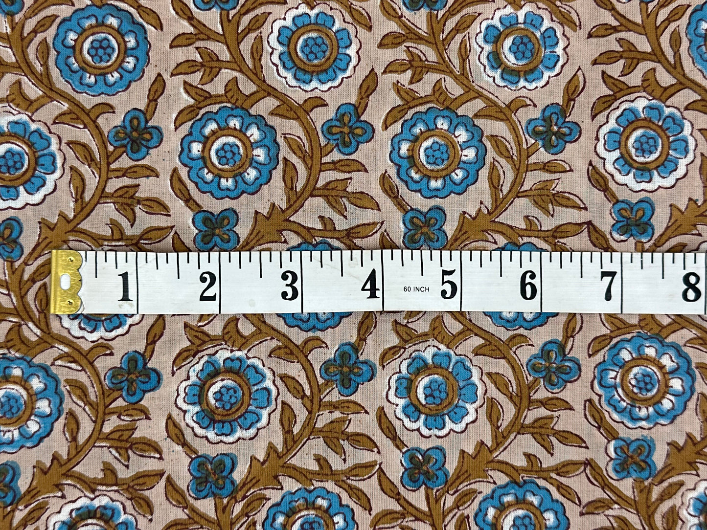 Cream Ground Blue & Gold Floral Jaal Block Print Cotton