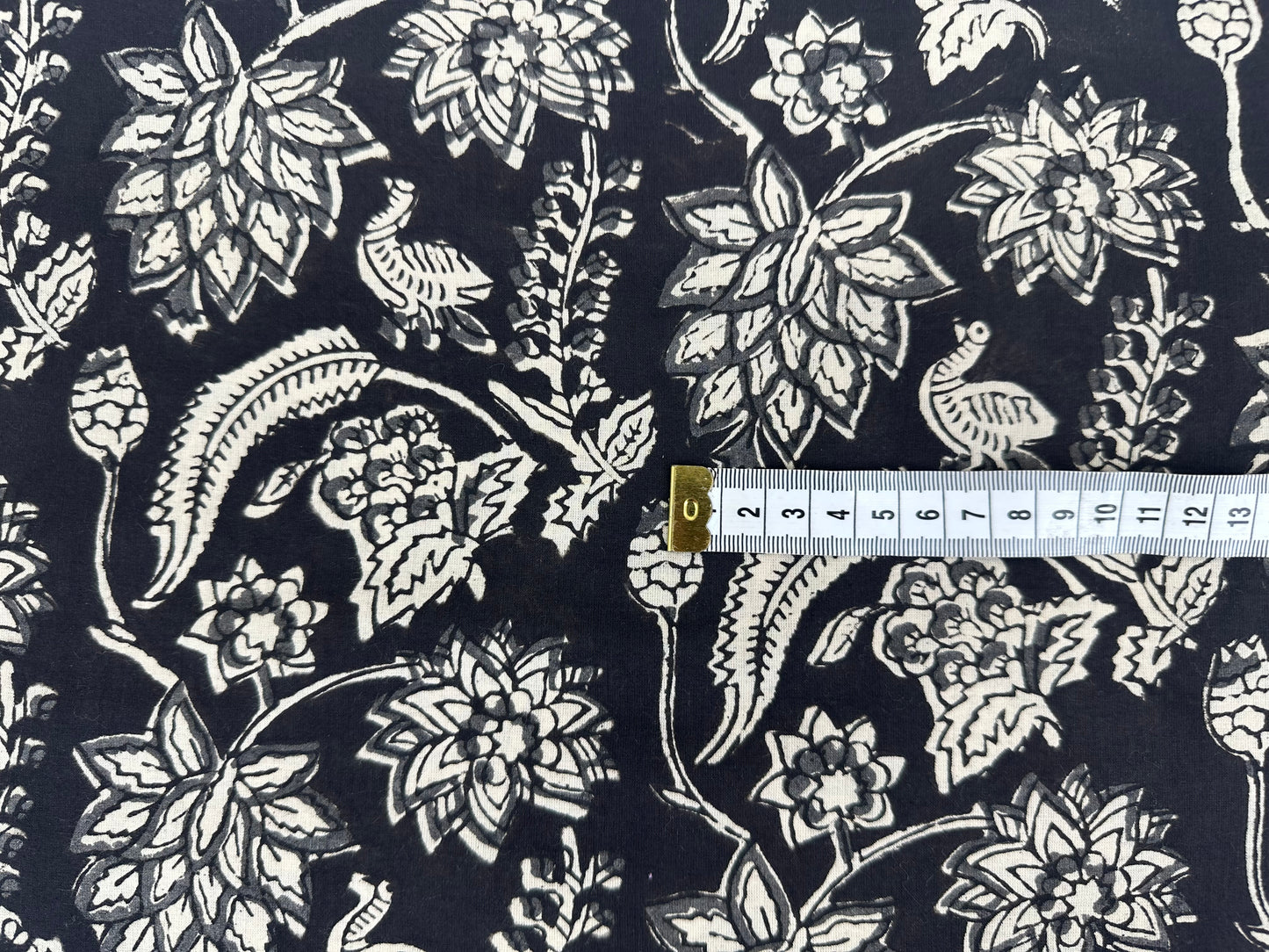 Black Ground Floral Vine Block Print Cotton