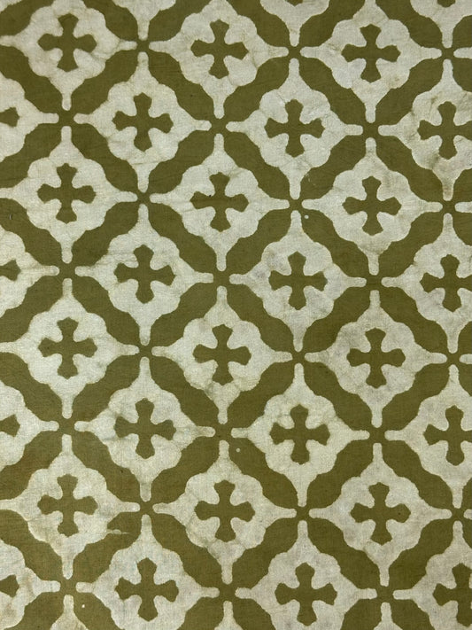 Olive Geometric Lattice Dabu Block Print Cotton