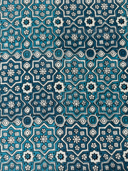 Teal Geometric Resist Block Print Cotton
