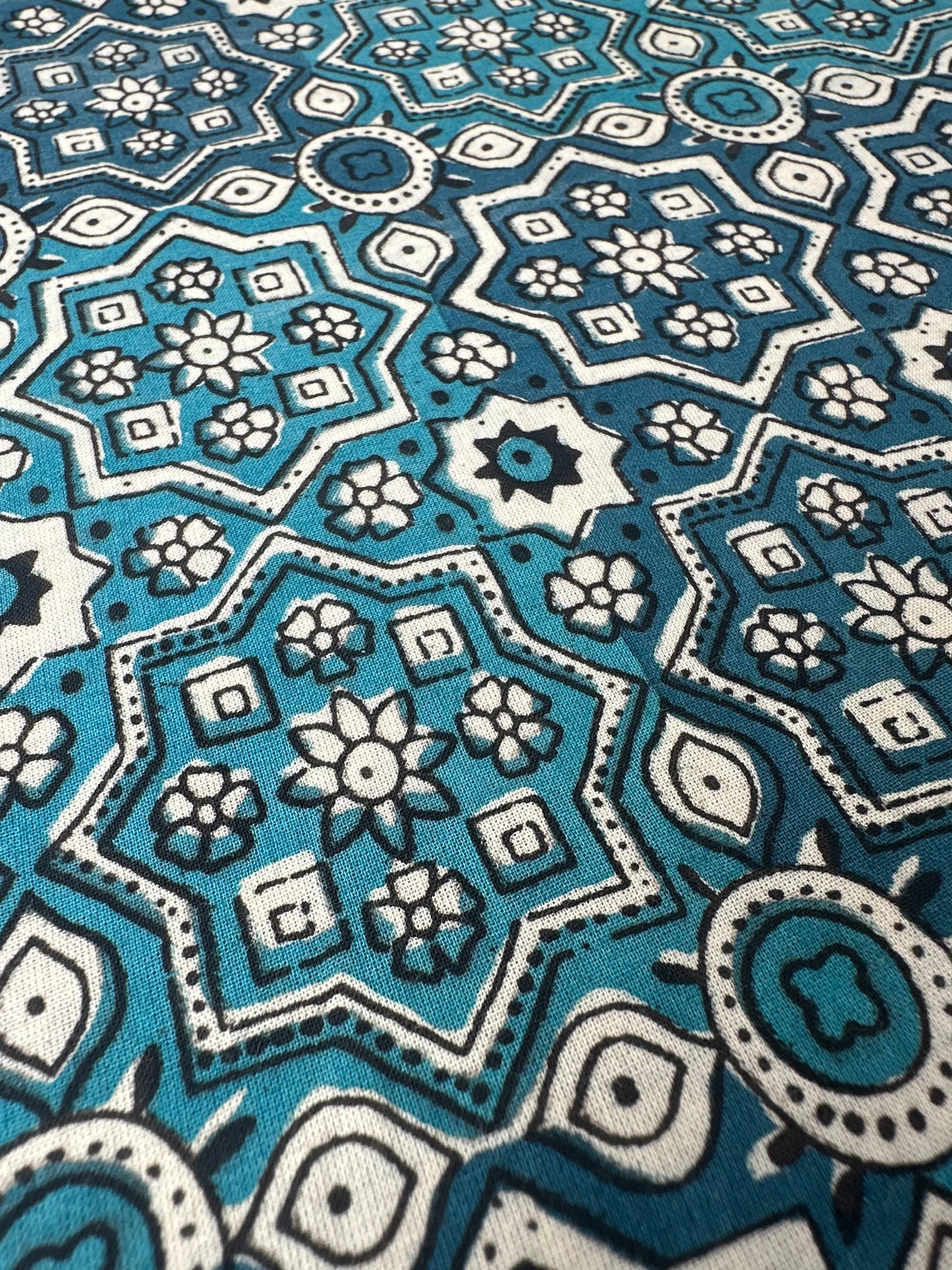 Teal Geometric Resist Block Print Cotton