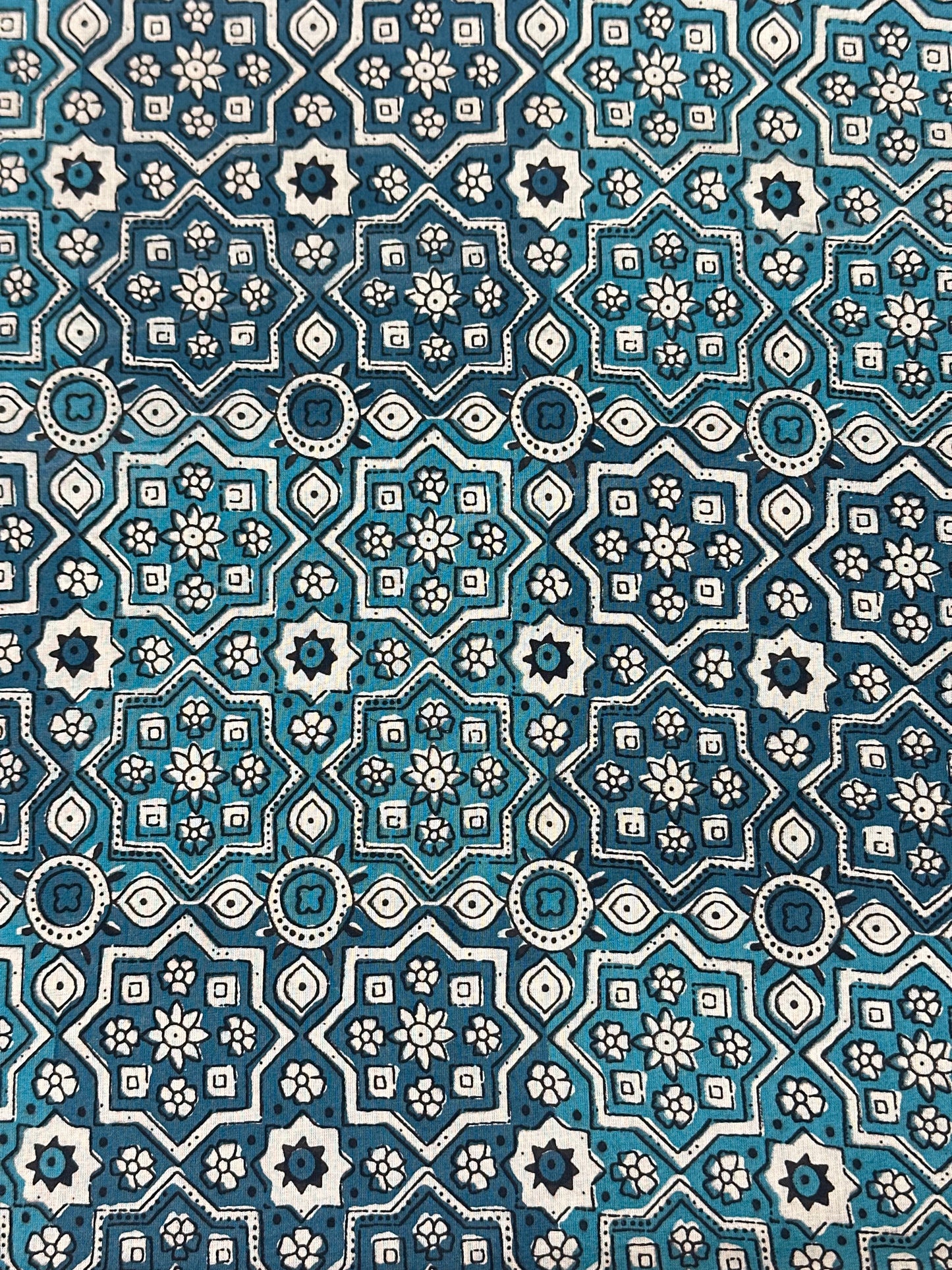 Teal Geometric Resist Block Print Cotton