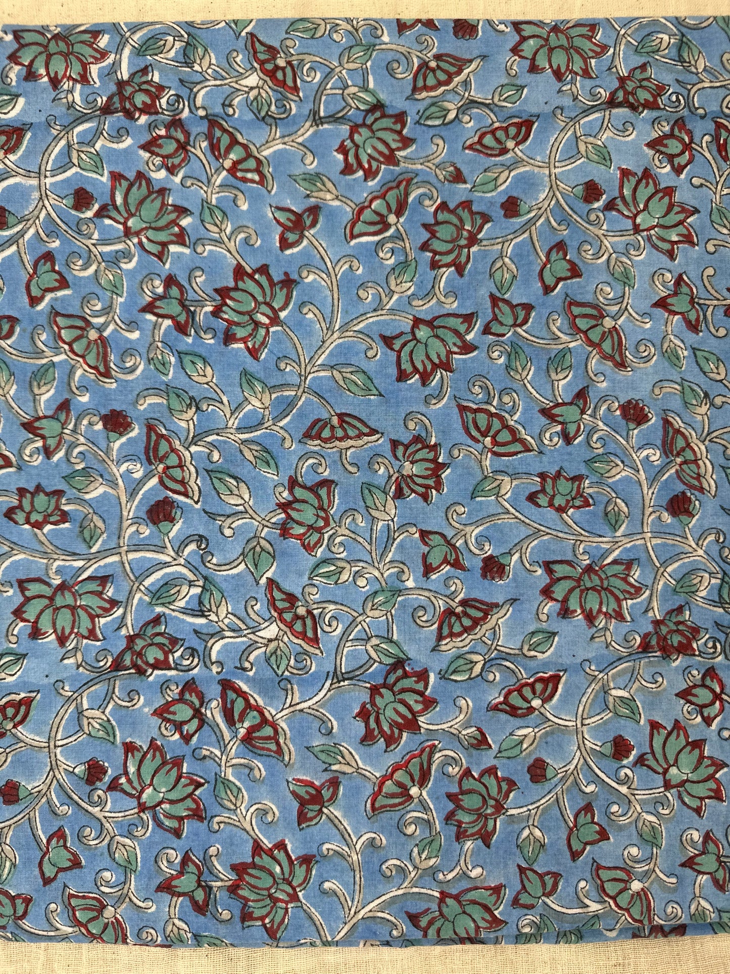 Cornflower Blue Floral Vine Block Print Cotton