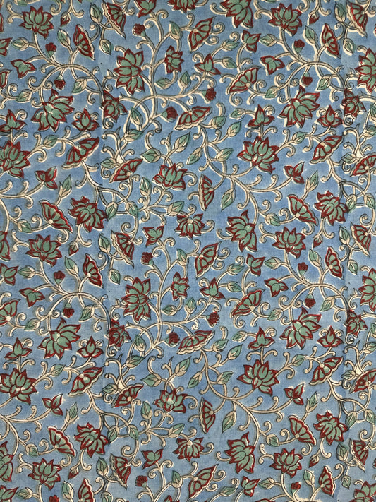 Cornflower Blue Floral Vine Block Print Cotton