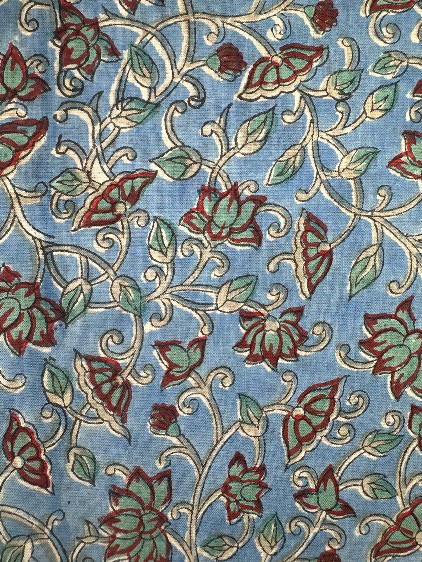 Cornflower Blue Floral Vine Block Print Cotton