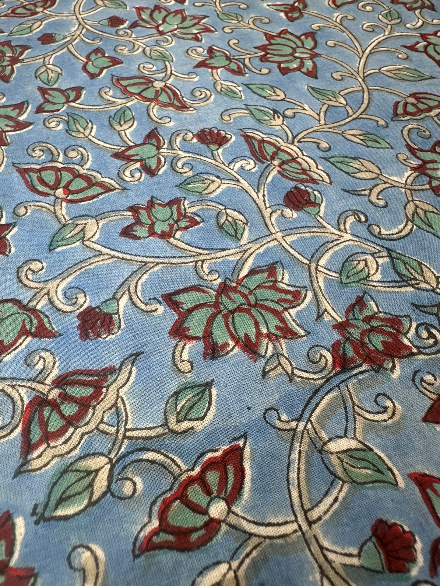 Cornflower Blue Floral Vine Block Print Cotton