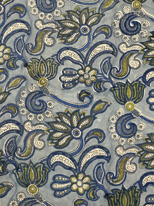 Steel Blue Lotus Jaal Block Print Cotton