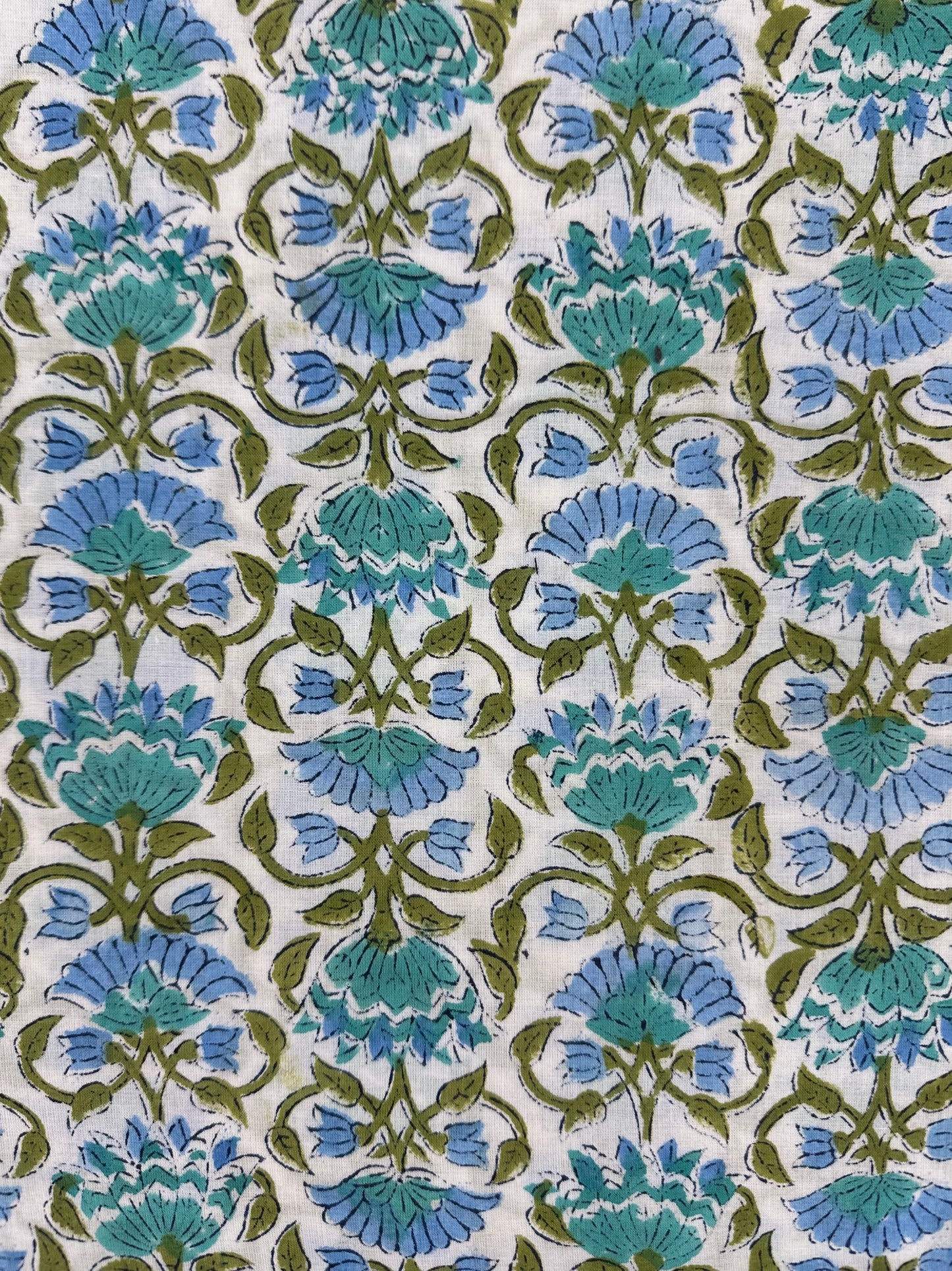 White Ground Blue & Green Floral Vine Block Print Cotton