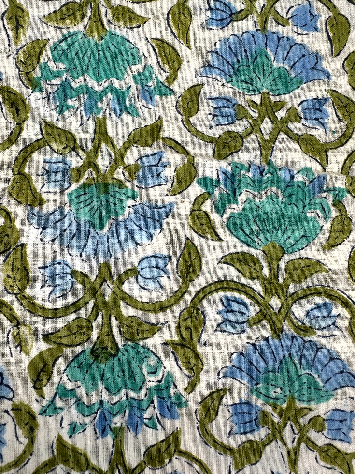 White Ground Blue & Green Floral Vine Block Print Cotton