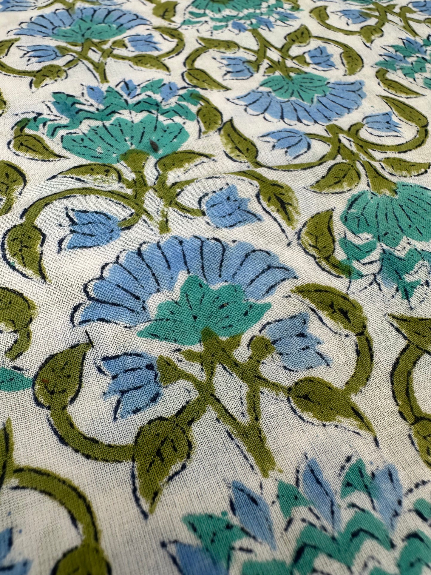 White Ground Blue & Green Floral Vine Block Print Cotton