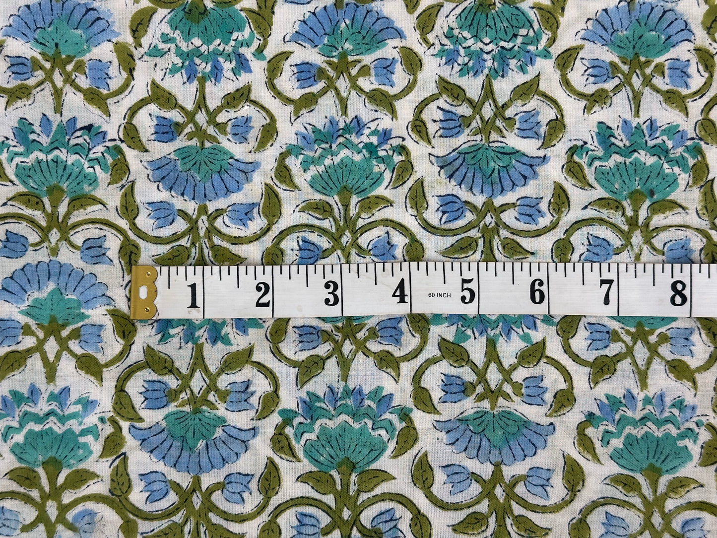 White Ground Blue & Green Floral Vine Block Print Cotton