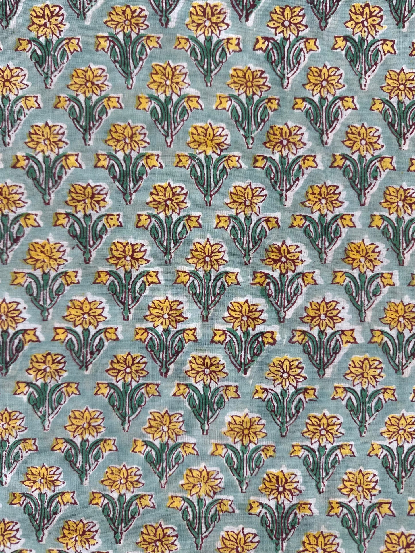 Sage Green Yellow Daisy Buta Block Print Cotton