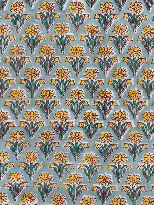Sage Green Yellow Daisy Buta Block Print Cotton
