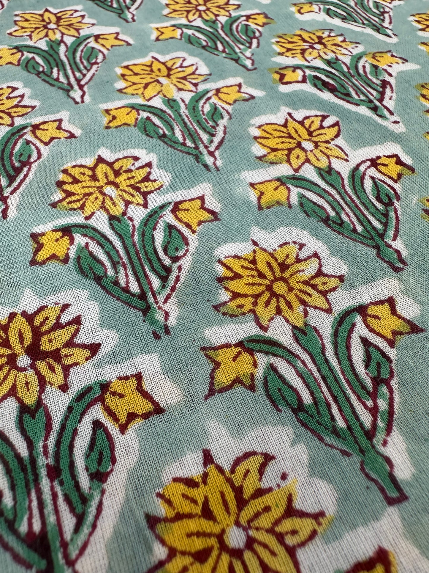 Sage Green Yellow Daisy Buta Block Print Cotton