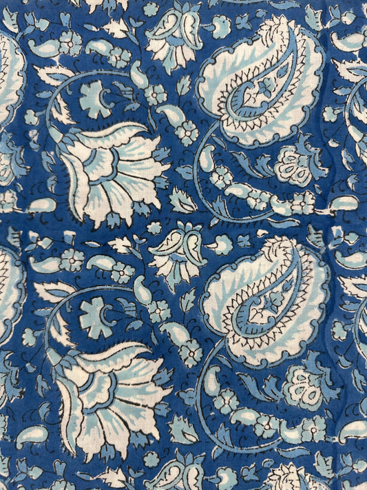 Cobalt Blue Paisley & Floral Block Print Cotton