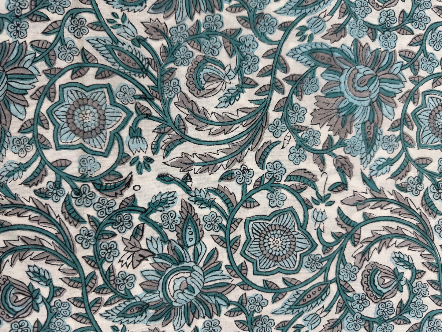 White Ground Teal & Grey Floral Vine Block Print Cotton