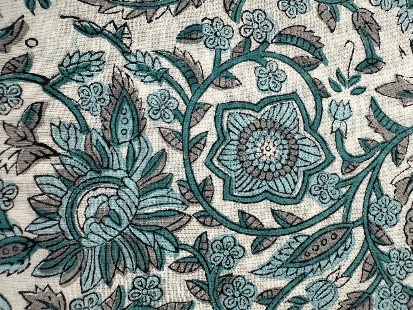 White Ground Teal & Grey Floral Vine Block Print Cotton