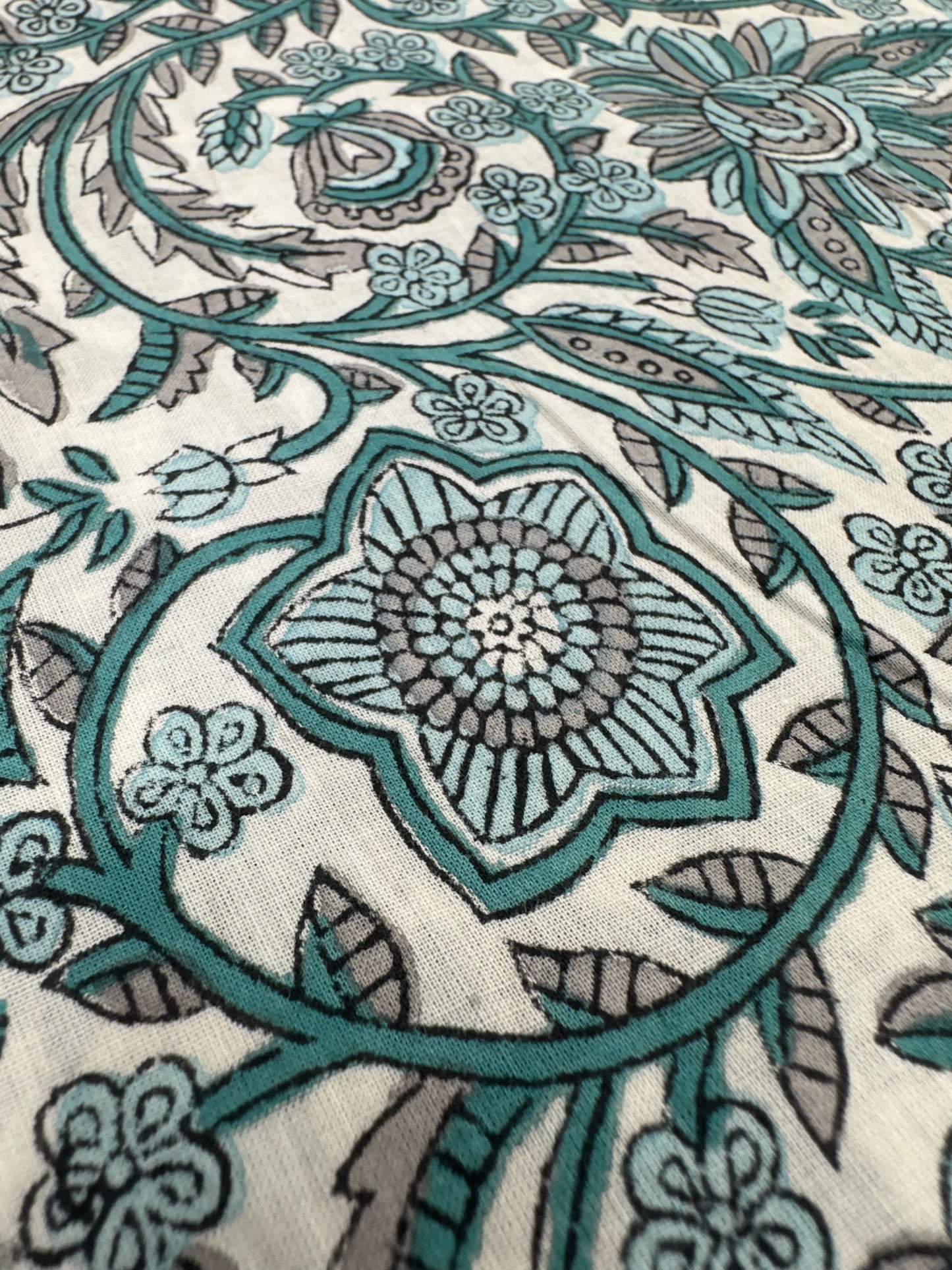 White Ground Teal & Grey Floral Vine Block Print Cotton