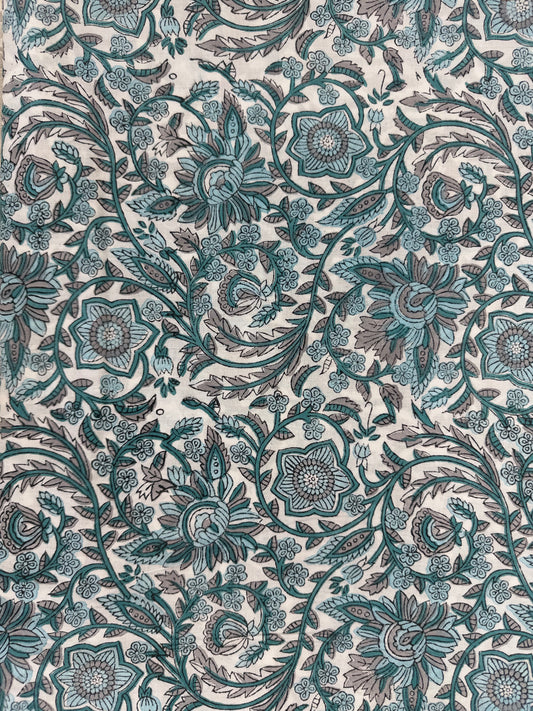 White Ground Teal & Grey Floral Vine Block Print Cotton