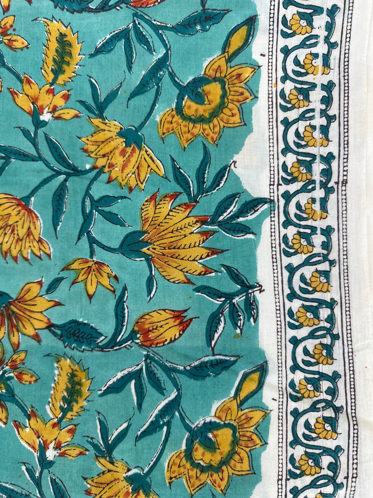 Turquoise Sunflower Floral Block Print Cotton