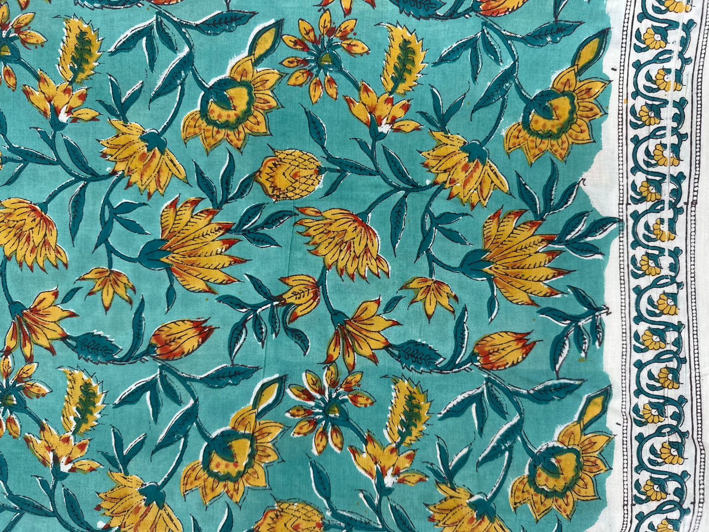Turquoise Sunflower Floral Block Print Cotton