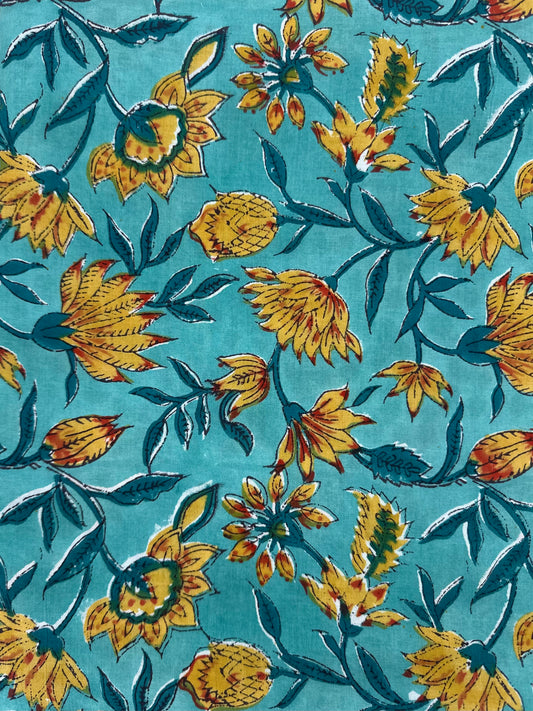 Turquoise Sunflower Floral Block Print Cotton