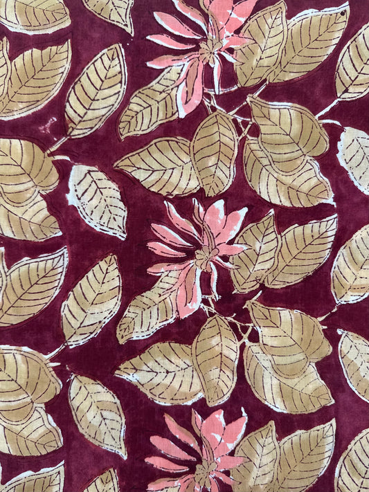 Burgundy Leaf & Lotus Block Print Cotton
