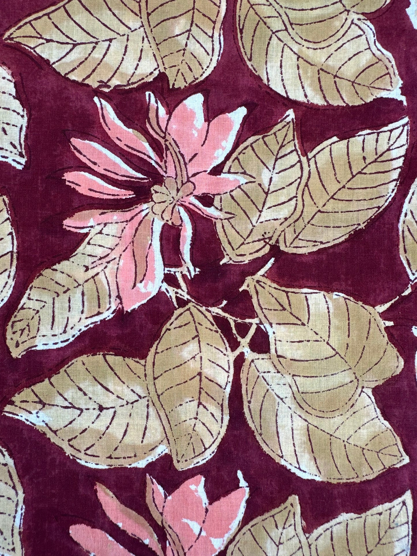 Burgundy Leaf & Lotus Block Print Cotton