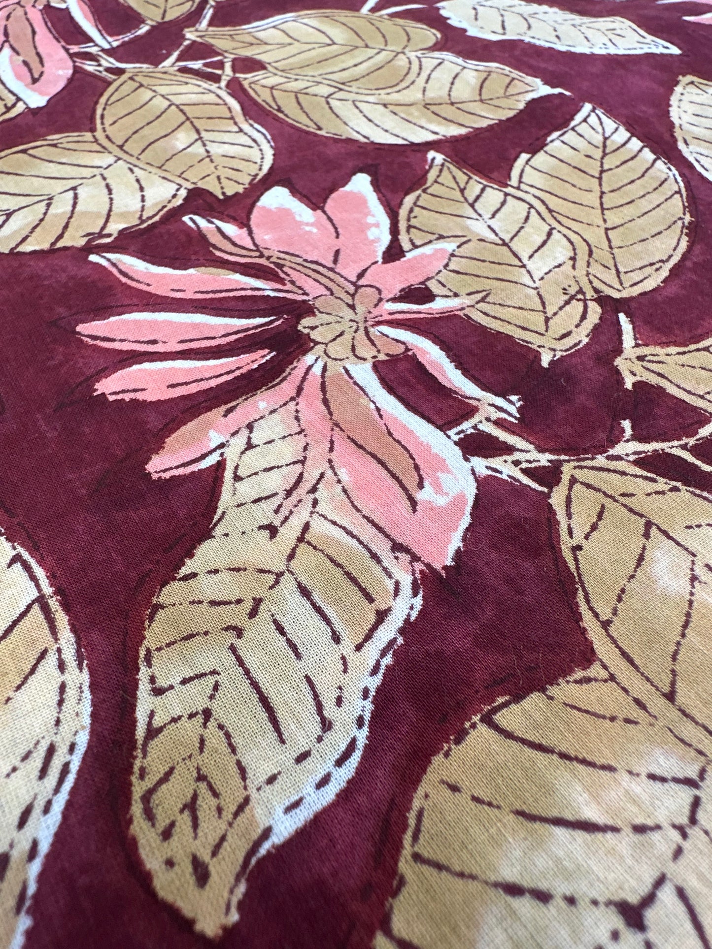 Burgundy Leaf & Lotus Block Print Cotton
