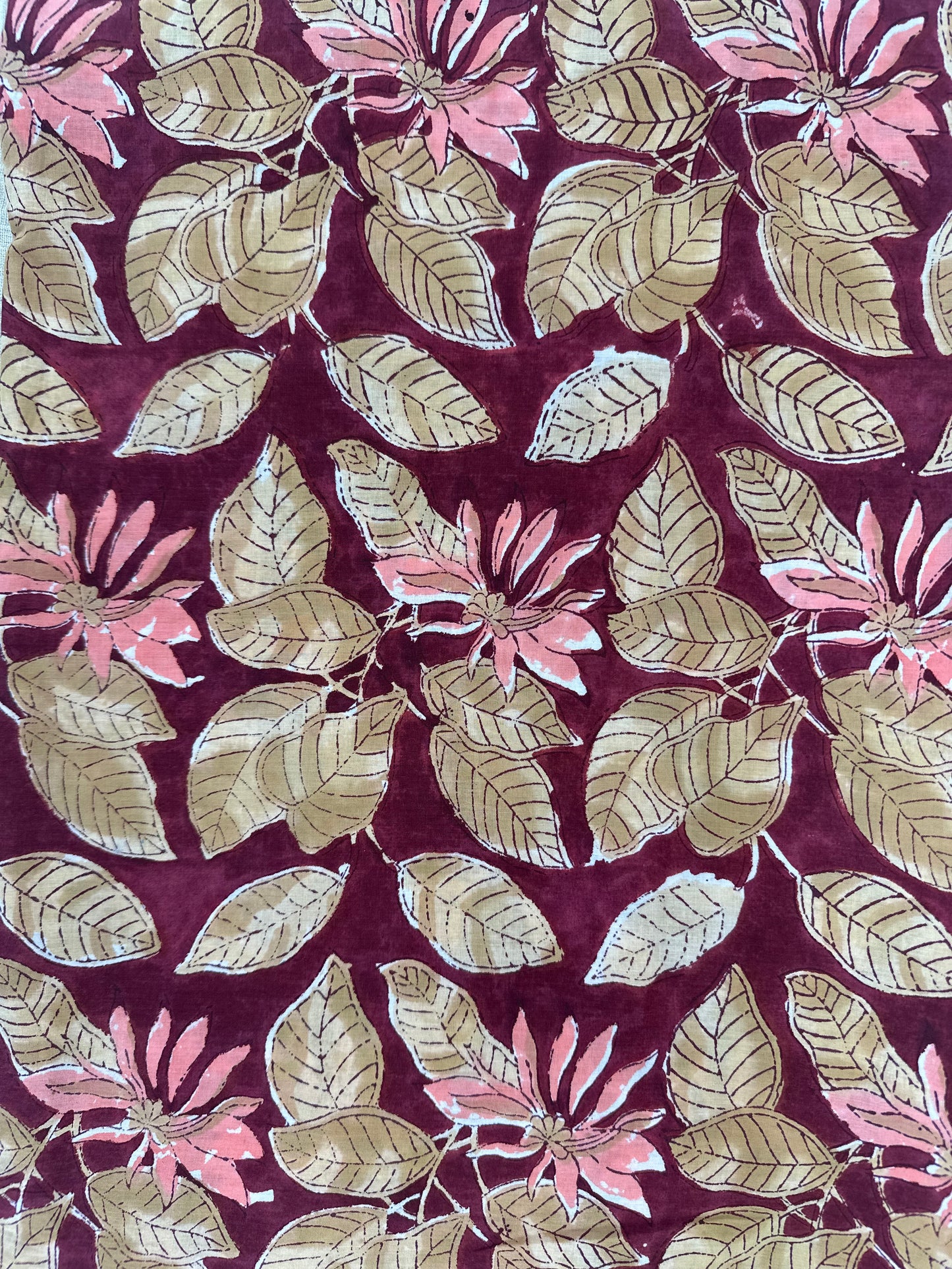 Burgundy Leaf & Lotus Block Print Cotton