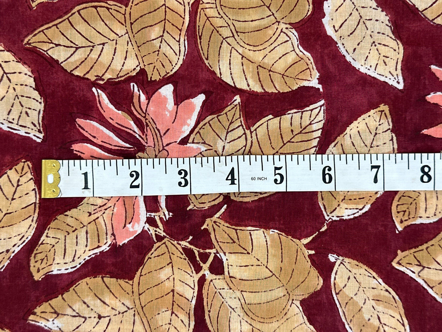 Burgundy Leaf & Lotus Block Print Cotton