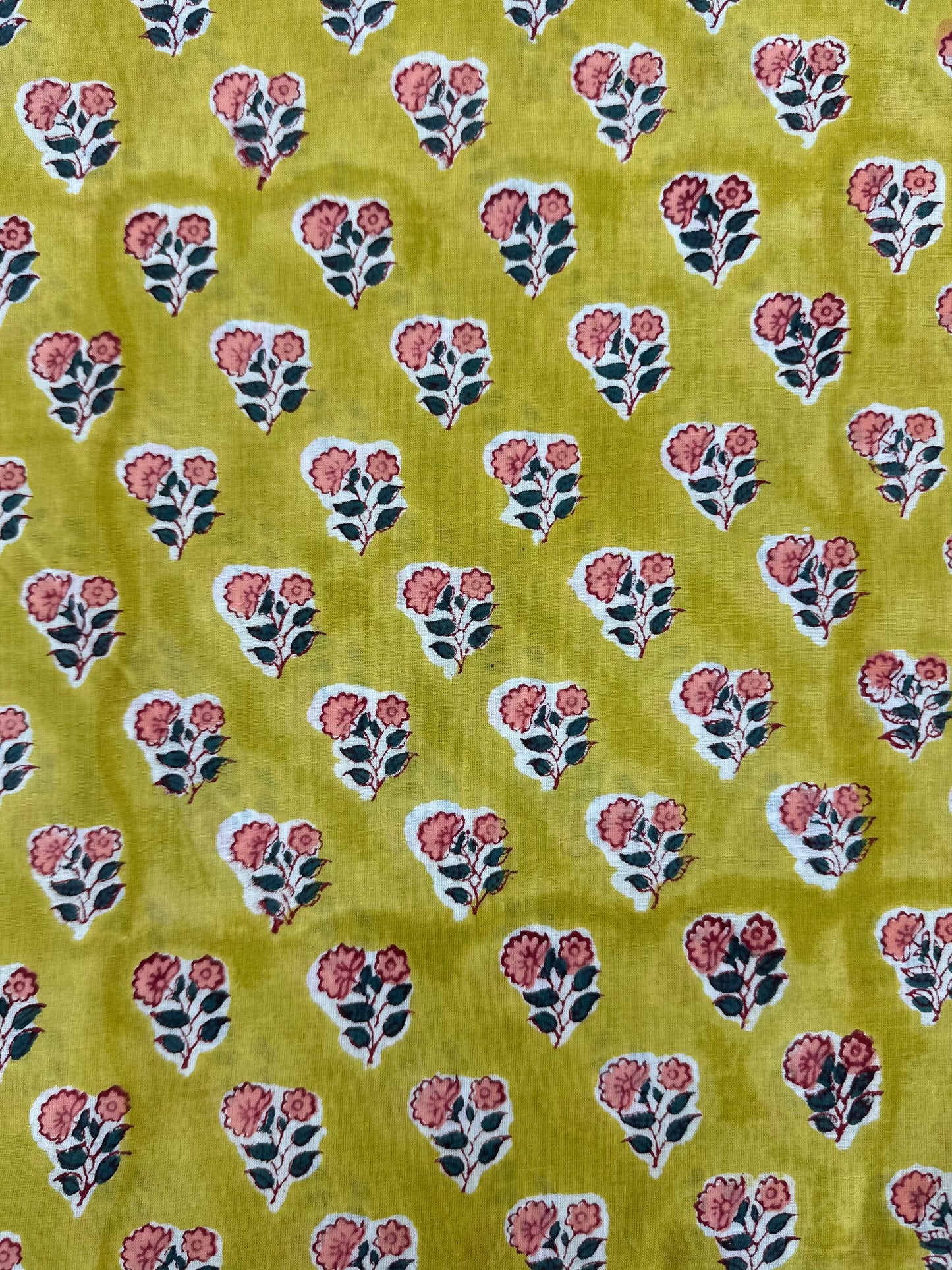 Chartreuse Pink Rose Buta Block Print Cotton