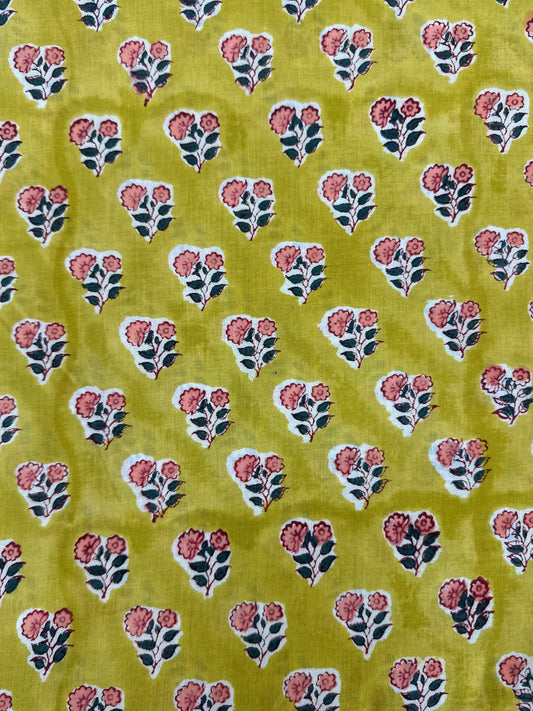 Chartreuse Pink Rose Buta Block Print Cotton