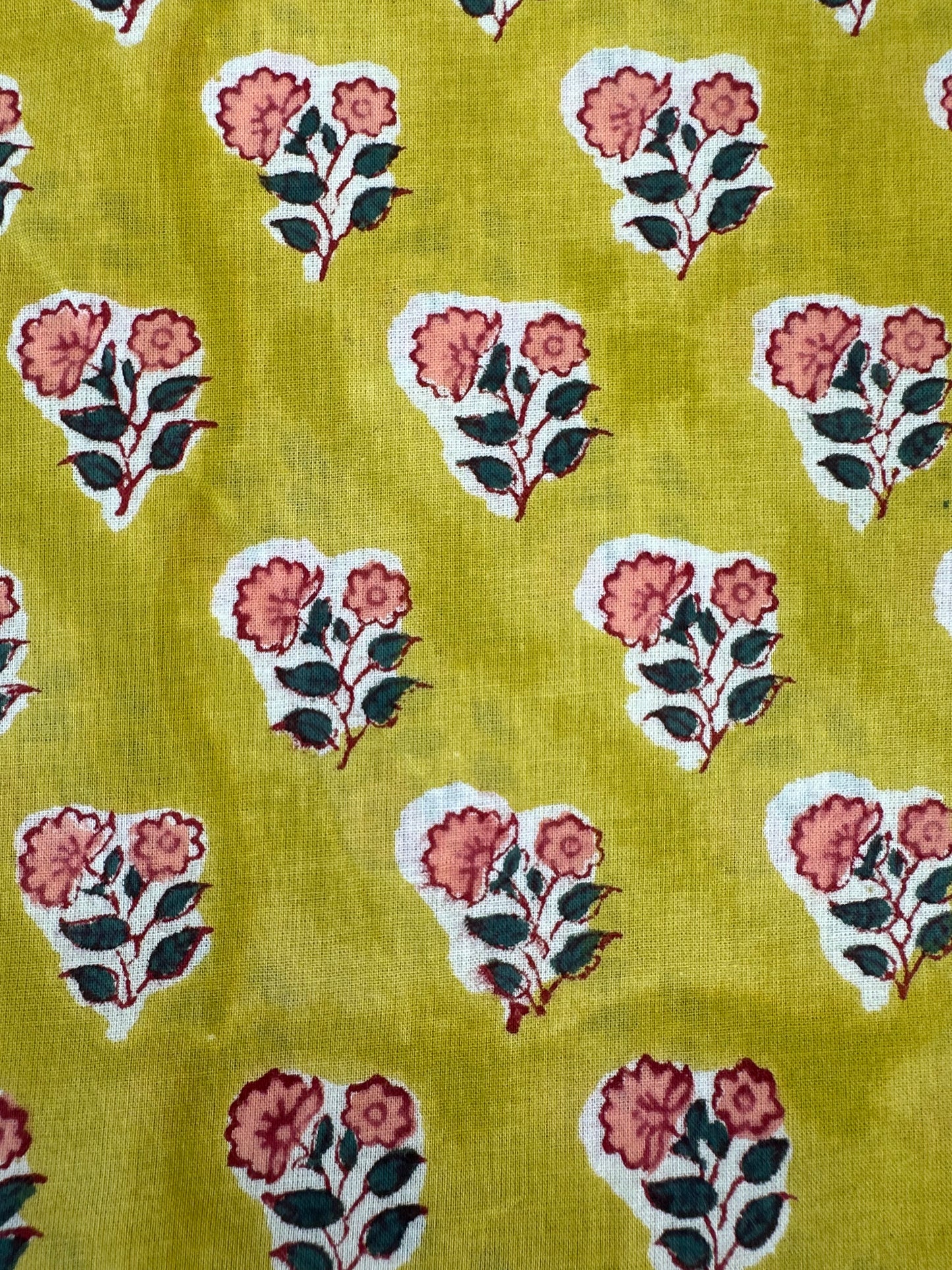 Chartreuse Pink Rose Buta Block Print Cotton