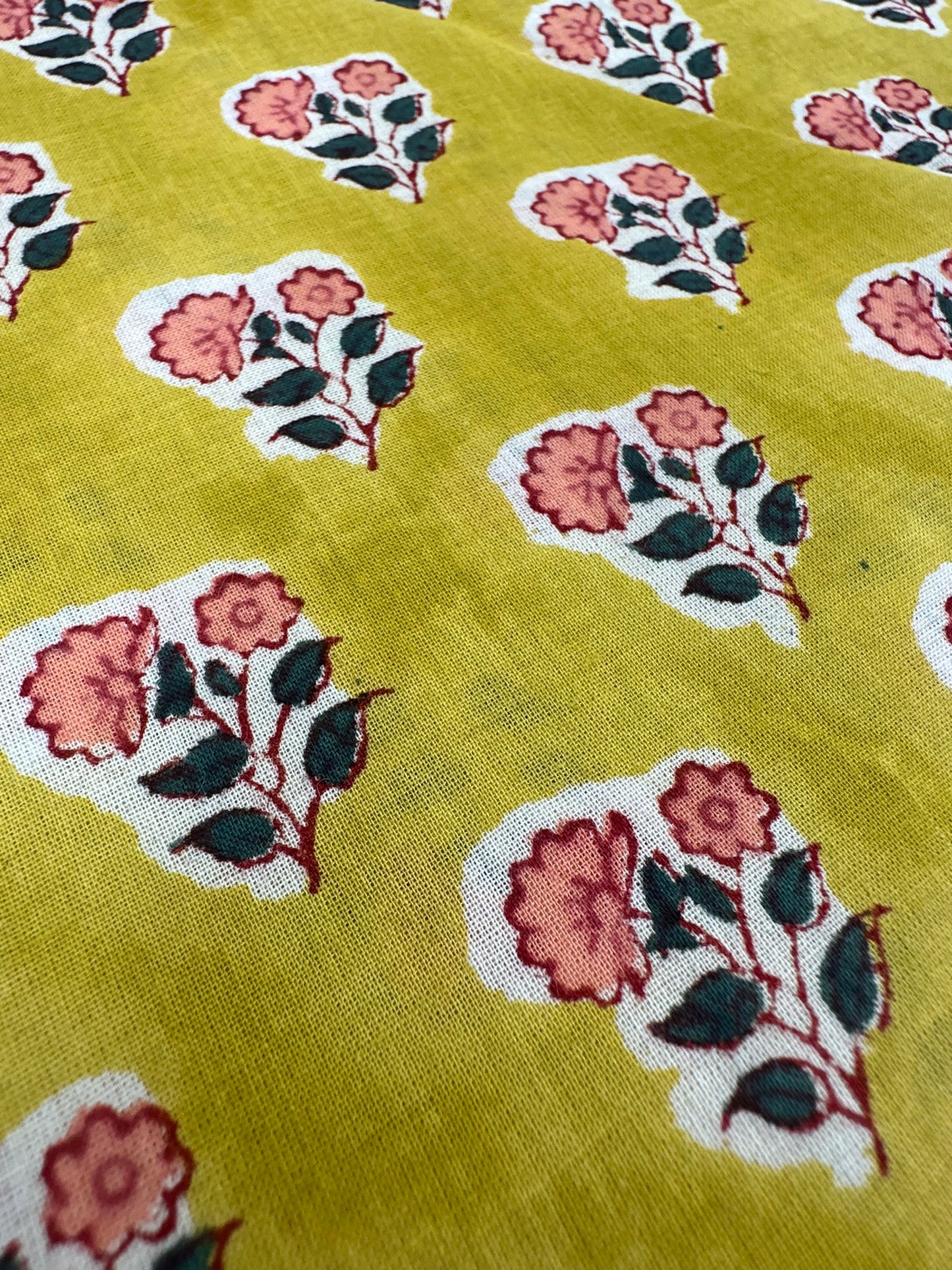 Chartreuse Pink Rose Buta Block Print Cotton