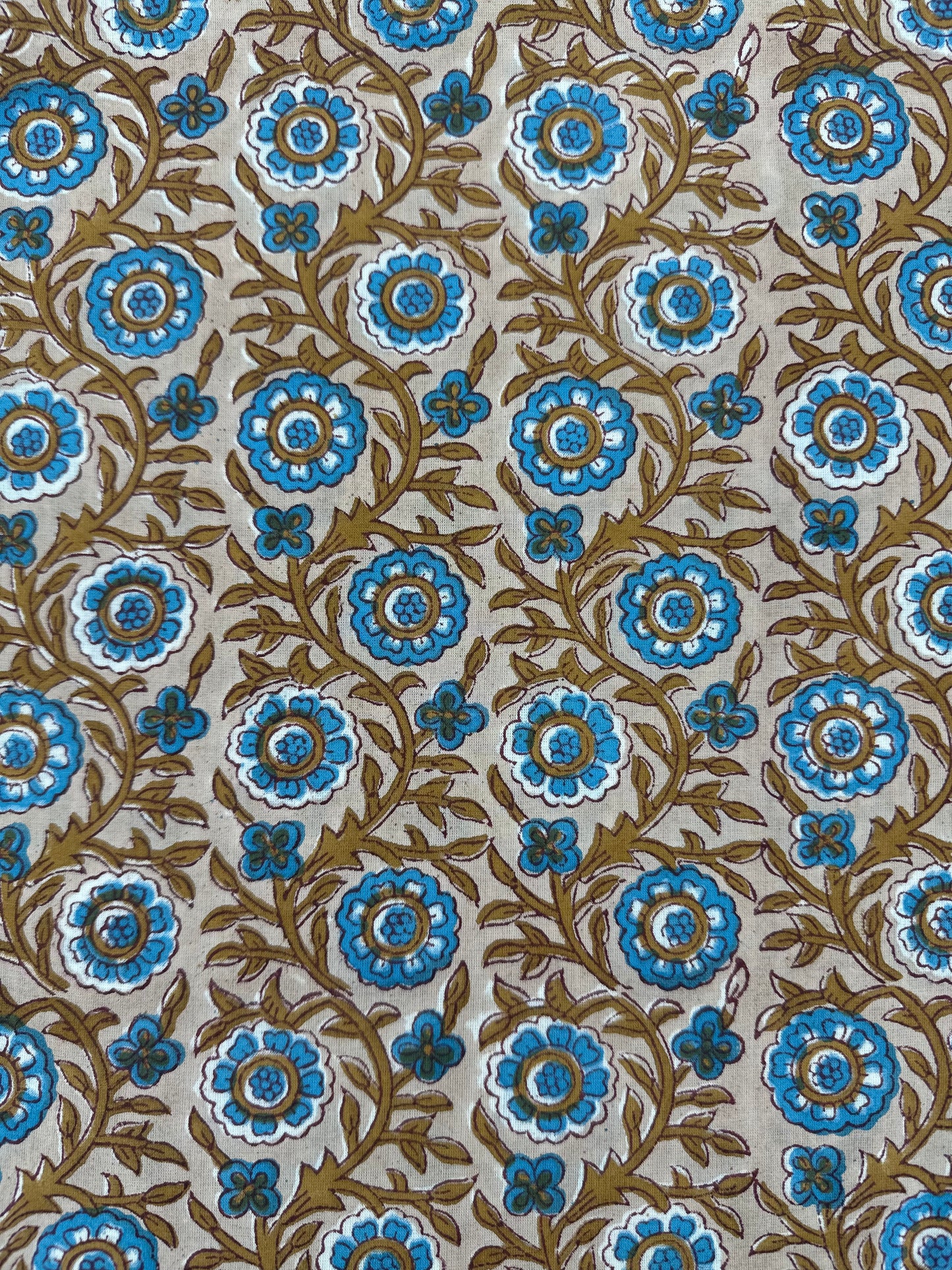 Cream Ground Blue & Gold Floral Jaal Block Print Cotton