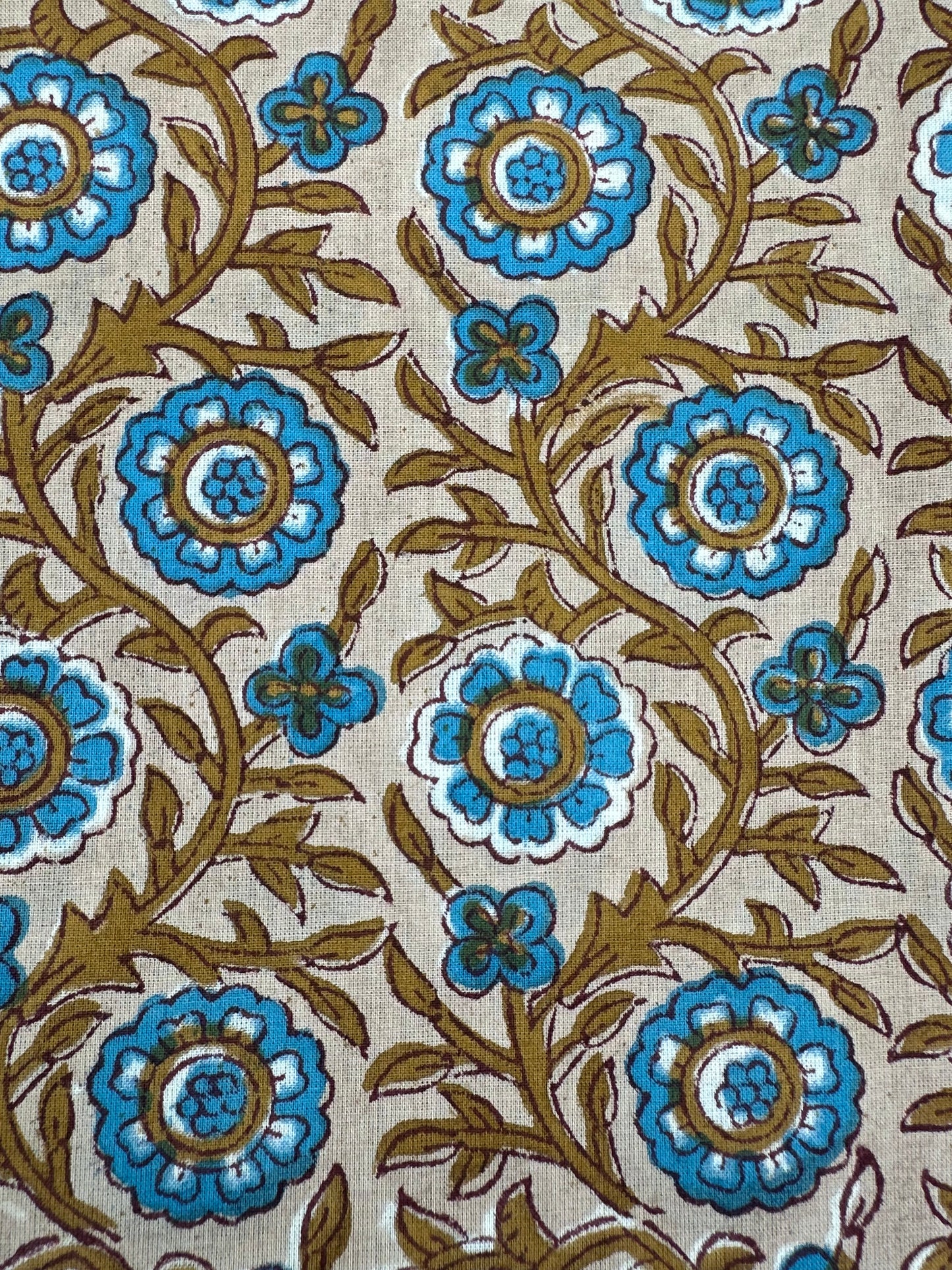 Cream Ground Blue & Gold Floral Jaal Block Print Cotton