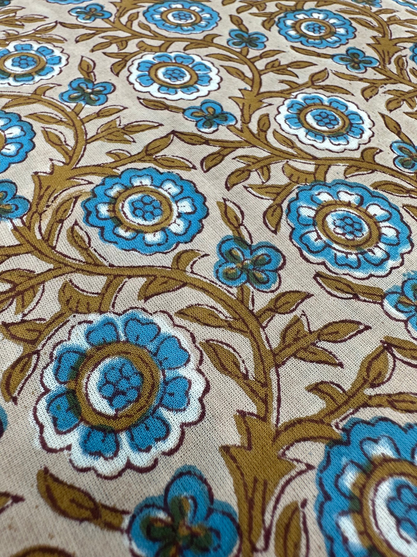 Cream Ground Blue & Gold Floral Jaal Block Print Cotton