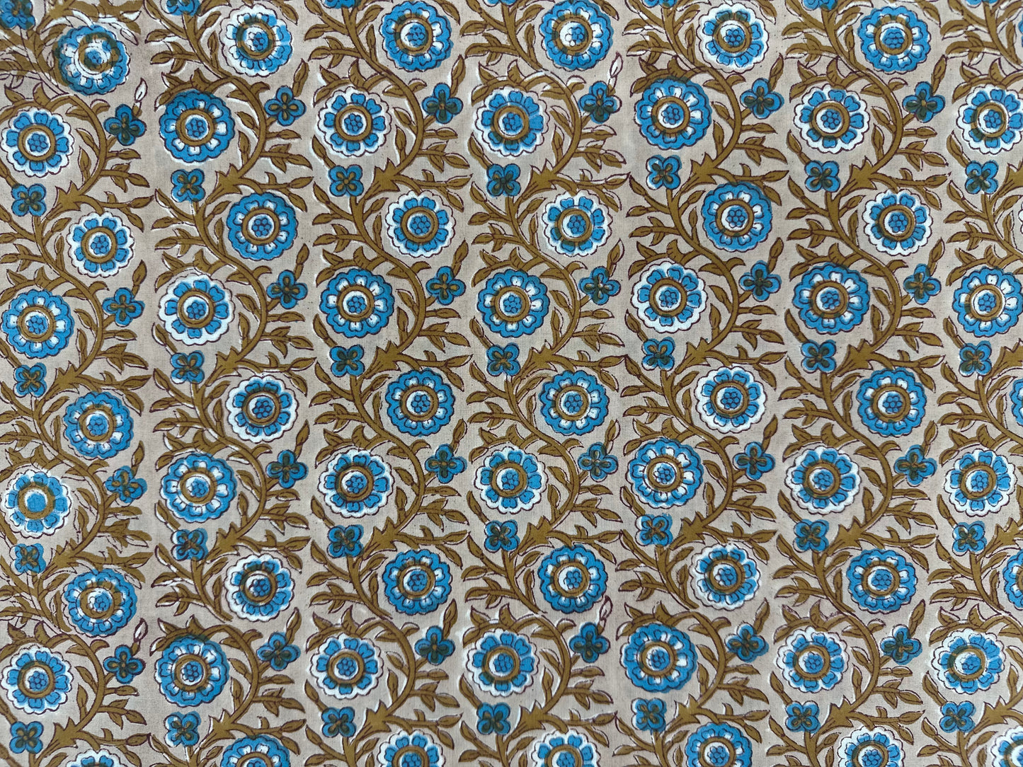 Cream Ground Blue & Gold Floral Jaal Block Print Cotton