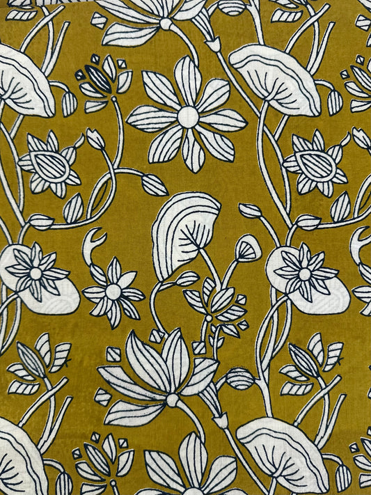 Ochre Floral Vine Block Print Cotton