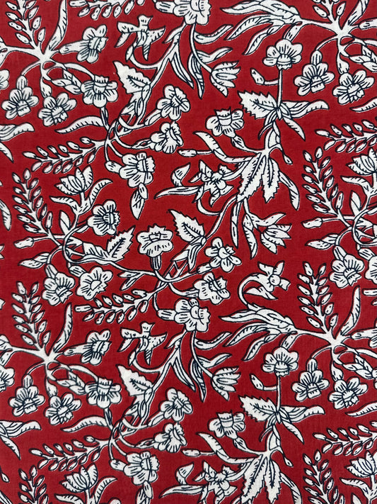 Red Floral Vine Block Print Cotton