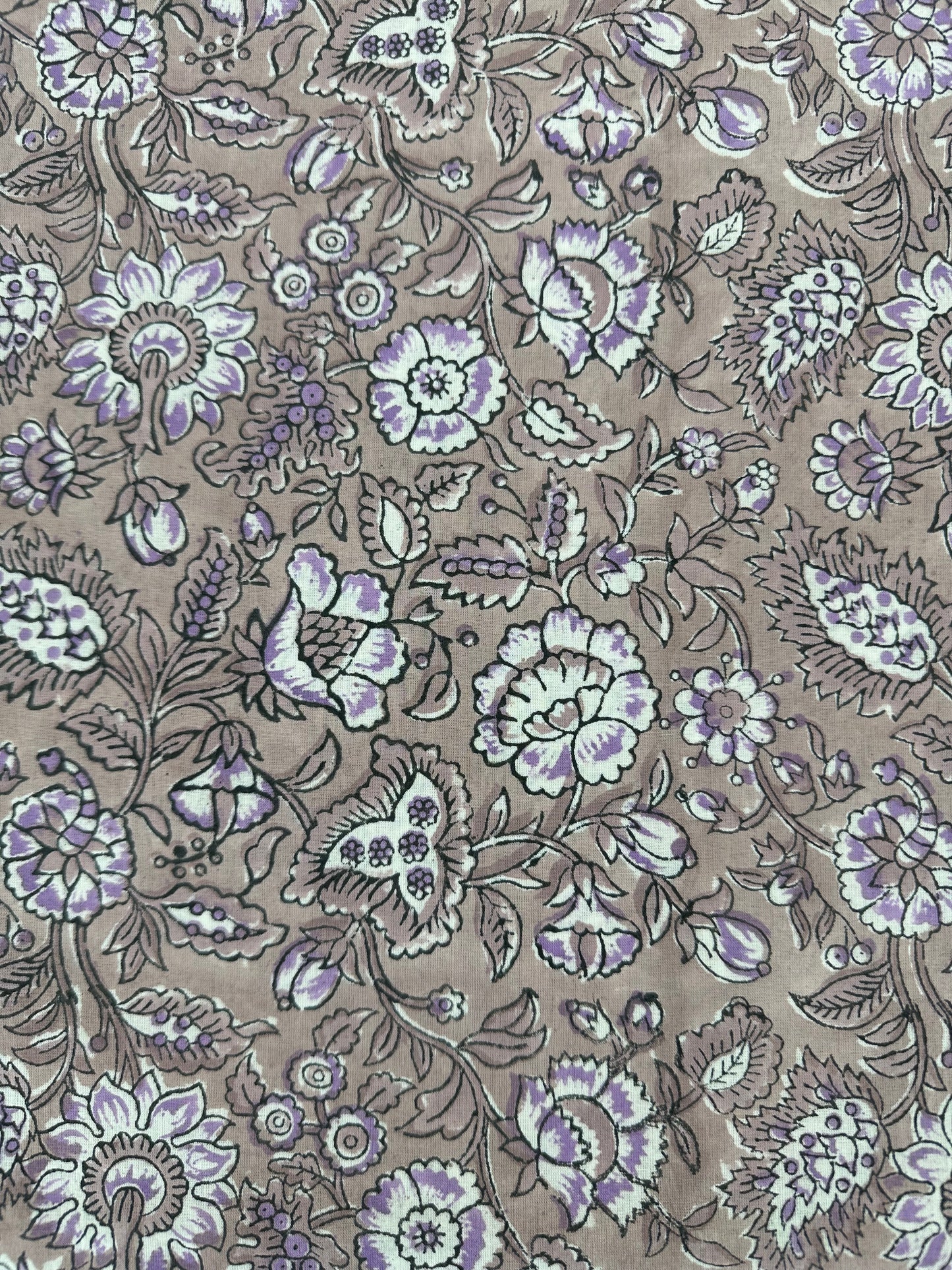 Taupe Lilac Floral Block Print Cotton
