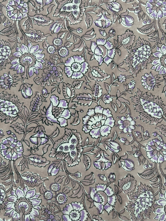 Taupe Lilac Floral Block Print Cotton