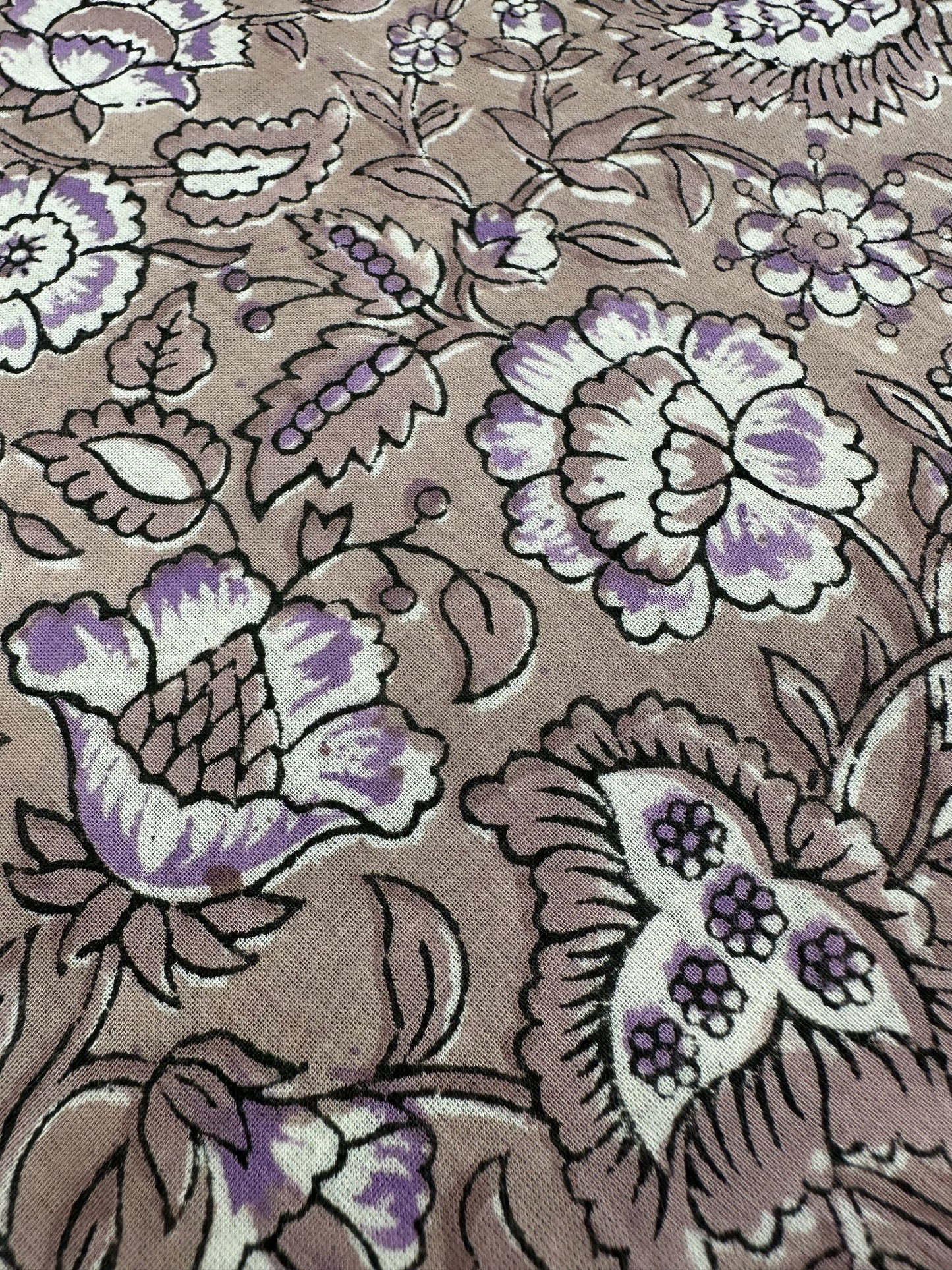 Taupe Lilac Floral Block Print Cotton